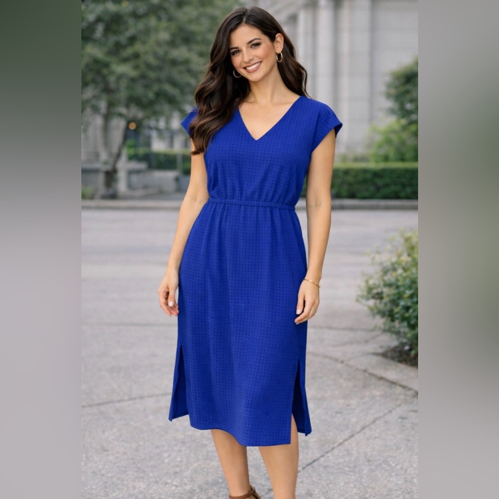 J Crew Midi Dress 12 Cobalt Blue Sleeveless Stretch Cap Sleeve Washable
